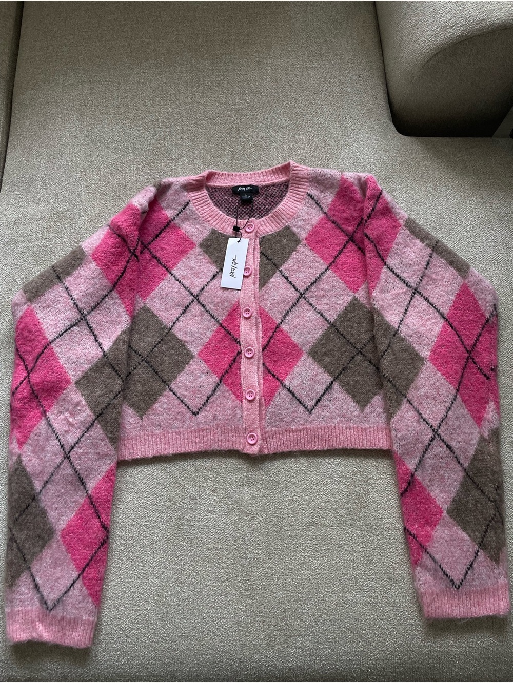 NastyGal Argyle Cropped Button-Front Sweater Cardigan - Pink